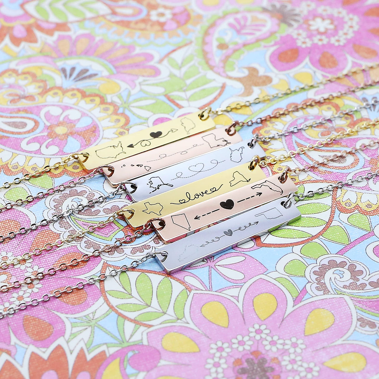 Personalized Long Distance Necklace Custom State Country Engraved Bar Pendant Stainless Steel Adjustable Cable Chain Jewelry for Couples Family Friends Deployment Relationship Keepsake