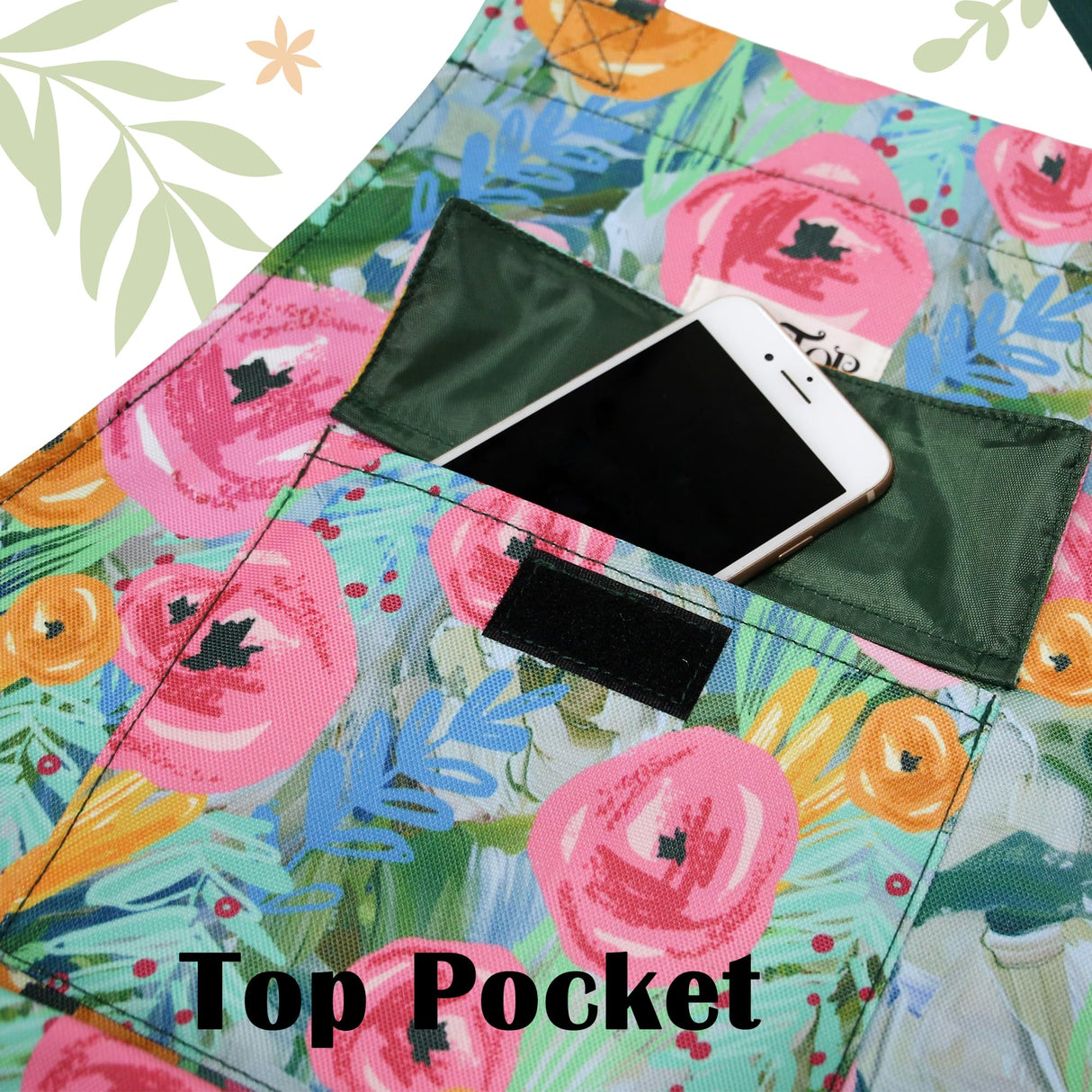 JLDTOP Garden Harvest Apron for Women, Fruit Picking Apron with Quick Release Bottom, Adjustable Cross Back Tool Apron with Pockets, Gardening Gift for Plant Lovers & Gardeners (Green Floral)