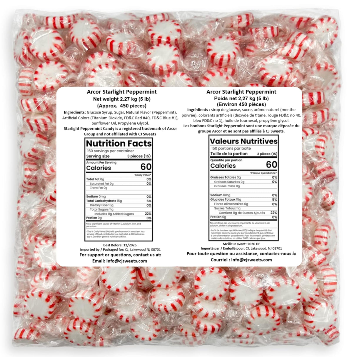 Starlight Peppermint Candy Bulk - 5 Pounds Approx 450 Candies - Hard Candy Individually Wrapped Christmas - Holiday Mints