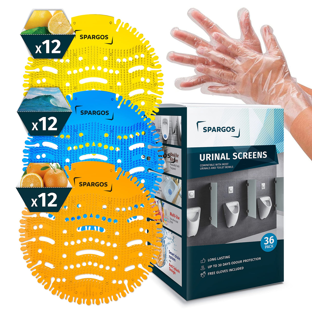 Urinal Screen Deodorizer (36 Pack) - Urinal Cakes - Fresh 3d Wave Anti-Splash - Odor Protection for Toilets in Bathroom Office Stadiums Schools with Free Gloves - 12pcs Blue 12pcs Lemon and Orange