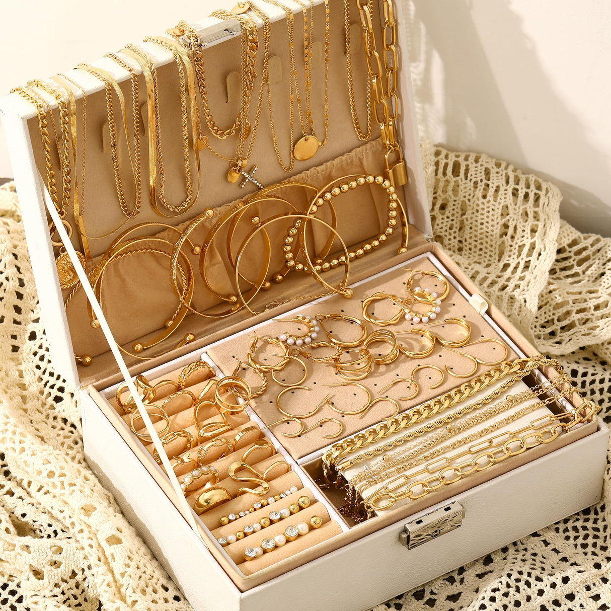 FAXHION 68 Pcs Gold Jewelry Set for Women with 7 Necklace, 17 Bracelet, 5 Hoop Earrings, 15 Stud Earrings, 24 Knuckle Rings for Women Jewelry Set for Women Gift