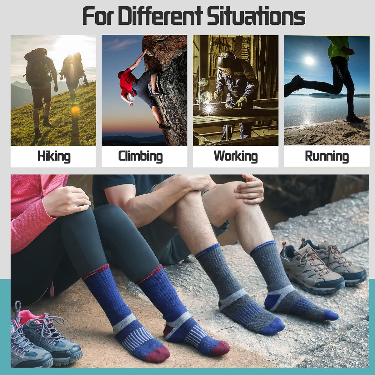 MOGGEI Merino Wool Hiking Socks for Men Warm Thermal Winter Cozy Work Crew Socks Gifts Stocking Stuffers 5 Pairs (Dark Pinstripes A,L)