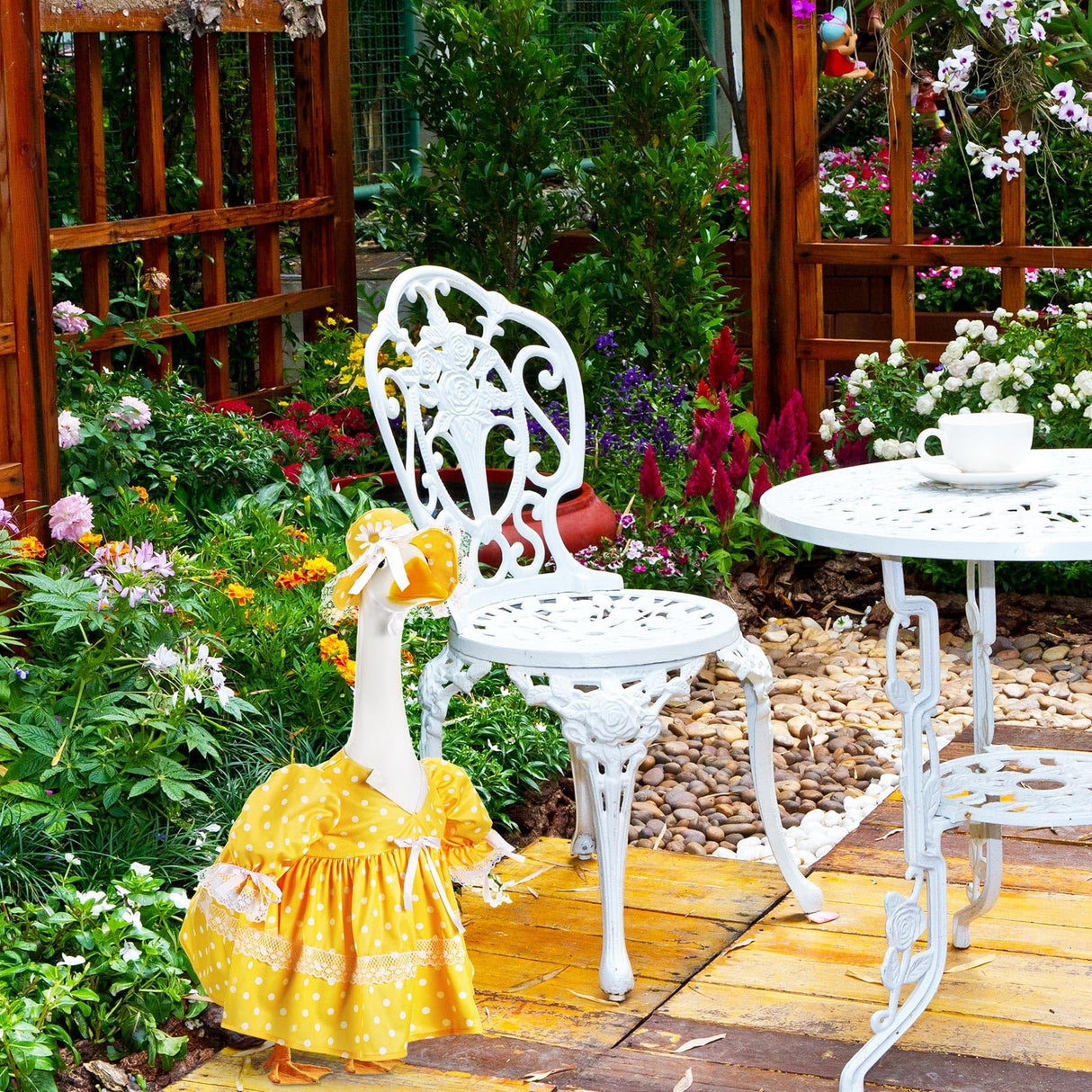 Aliceset Porch Goose Outfit Fancy Goose Clothes Polka Dots Skirt with Hat for 23" Outdoor Patio Summer Spring Decor(Yellow)