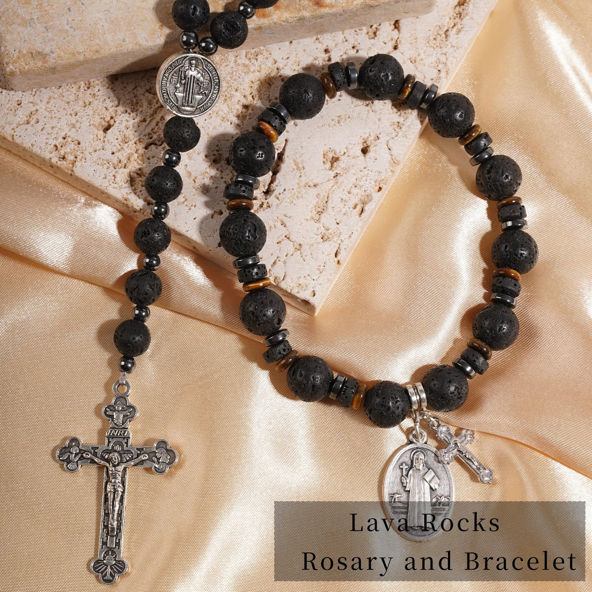 LGEPAH Rosary for Men, Black Lava Rock Beads with St. Benedict Bracelet