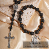 LGEPAH Rosary for Men, Black Lava Rock Beads with St. Benedict Bracelet