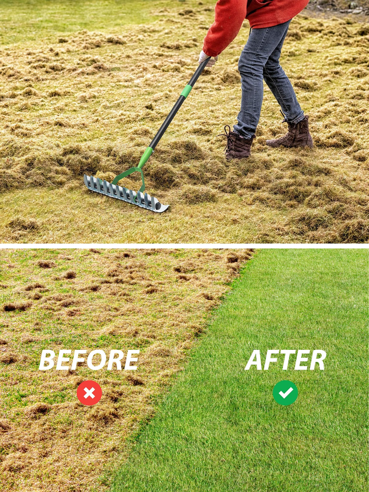 Thatch Rake for Lawns, Heavy Duty Garden Dethatcher Rakes with 46" Adjustable Long Handle, Double-Sided Sharp Tines for Dead Grass Moss Removal, Manual Metal Soil Loosening Thatching Tools for Yard