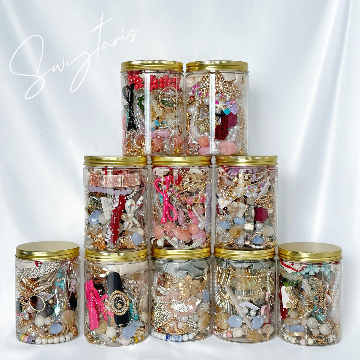 Swytaris 45-50 pcs Mystery Jewelry Jar, Mixed Surprise Jewelry Set for Woman Includes Necklaces, Earrings, Rings, Bracelets and Hair Accessories, Unique Anniversary Birthday Friendship Gift for Her