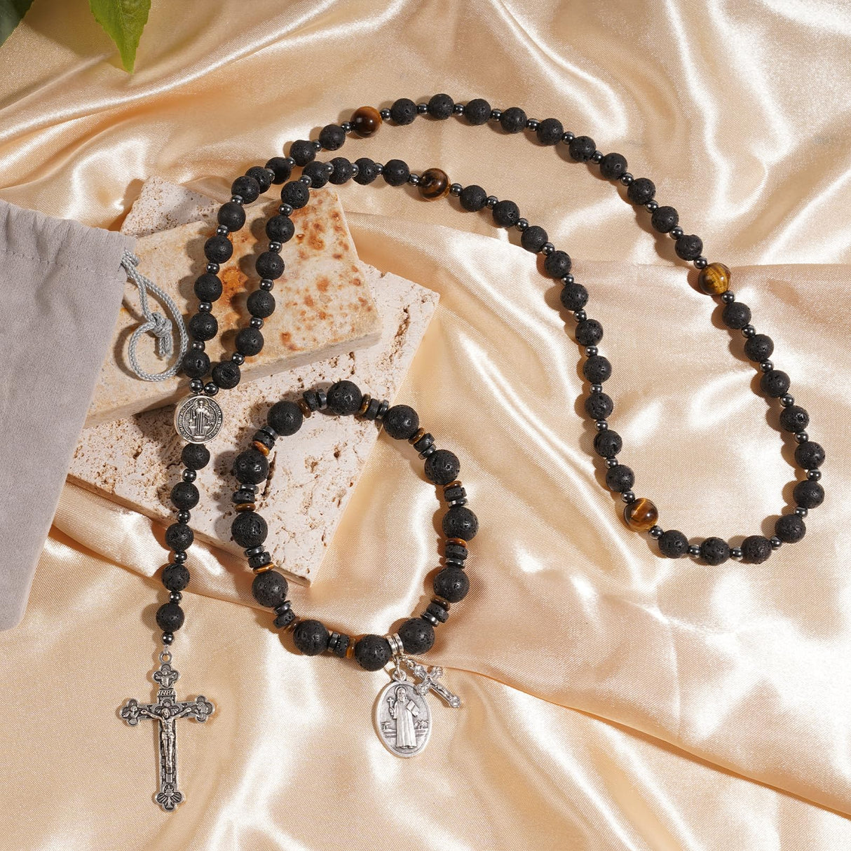 LGEPAH Rosary for Men, Black Lava Rock Beads with St. Benedict Bracelet