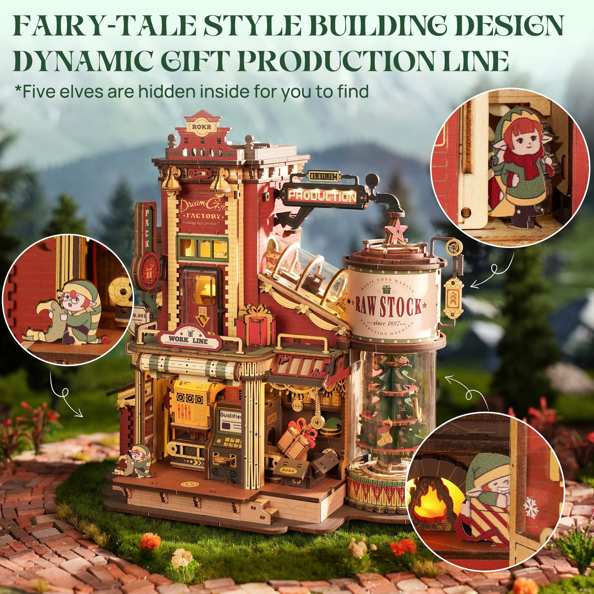 ROKR 3D Puzzle for Adults Christmas Style Dream Gift Factory Wooden Model Kit Luminous Factory DIY Dollhouse Kit Building with Music, Lights and 5 Elves for Adults