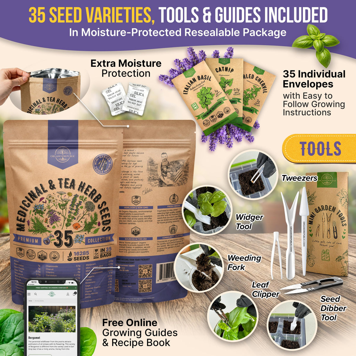 35 Medicinal & Tea Herb Seeds Variety Pack for Indoor & Outdoors. 16,335+ Non-GMO Heirloom Garden Seeds: Anise, Bergamot, Borage, Cilantro, Chamomile, Dandelion, Rosemary Seeds & More