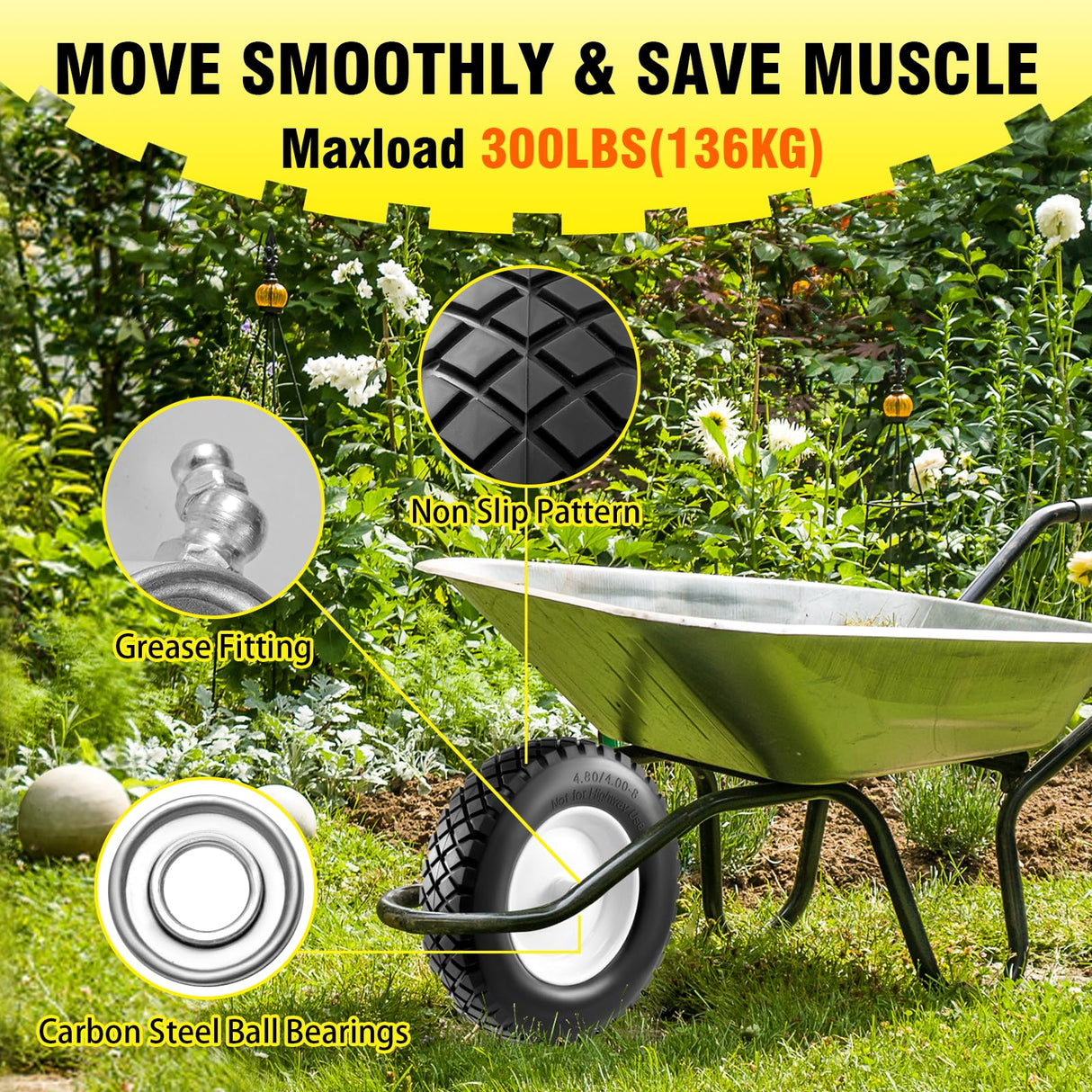 4.80/4.00-8 Wheelbarrow Tire and Wheel 16" Flat Free Solid 2PCS Hand Truck