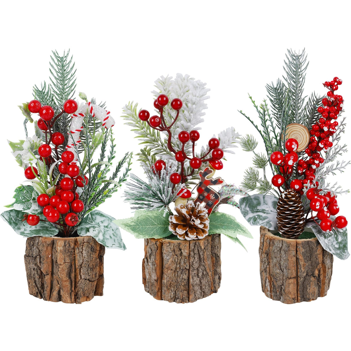 winemana 3 Pack Mini Christmas Trees Table Decorations, 11.5 Inch Small Artificial Xmas Tree Centerpieces with Red Berries & Pine Cones for Home, Office, Tabletop, Indoor Holiday Party Decor