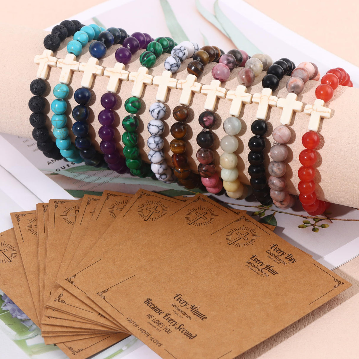 CASDAN 12Pcs 8mm Cross Beaded Bracelets for Women Men