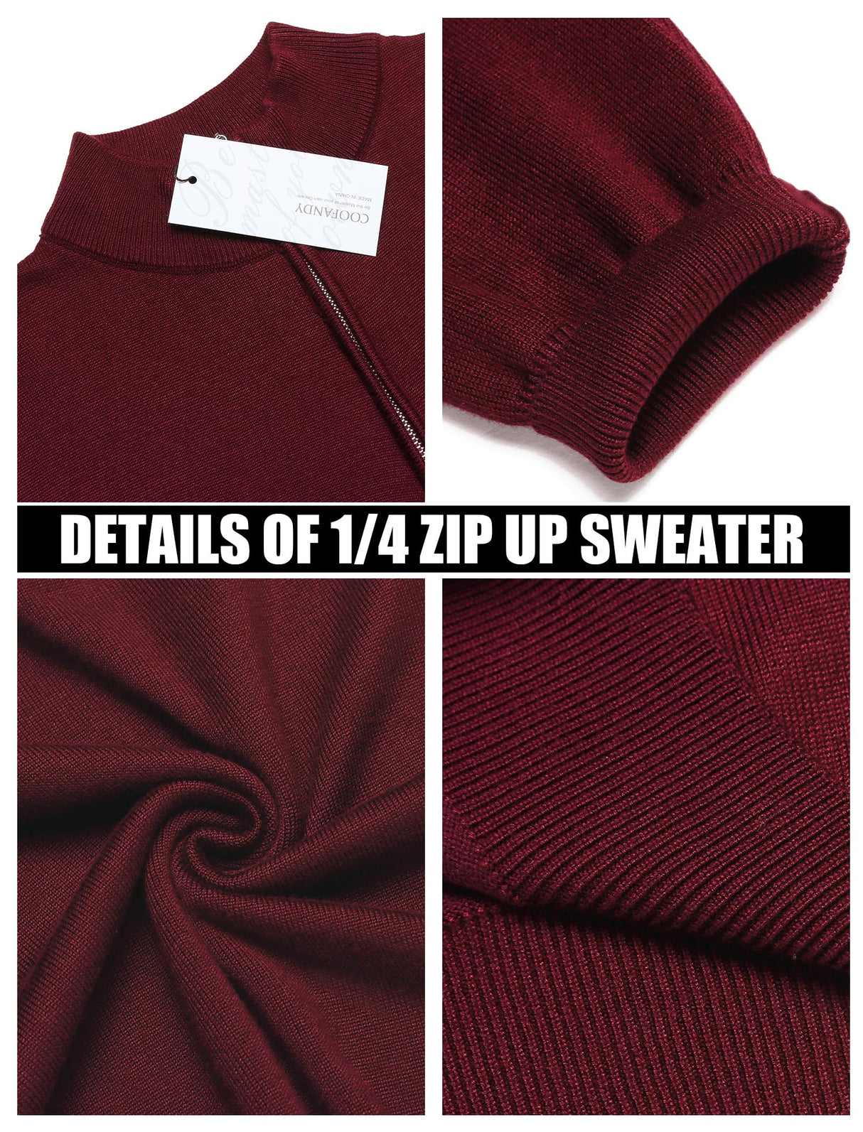 COOFANDY Men's Soft Quarter Zip Sweater Casual Long Sleeve Pullover Sweaters Wine Red Christmas Sweater