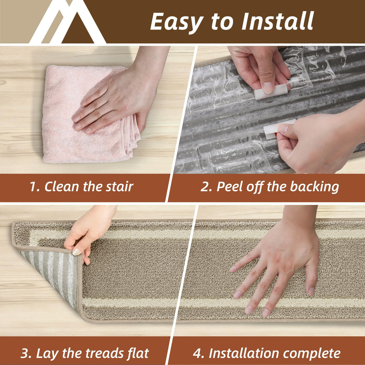 COSY HOMEER Soft Stair Treads 15pcs Non-Slip Carpet Mat 28inX9in Indoor Stair Runners for Wooden Steps,Stair Rugs for Kids and Dogs, 100% Polyester TPE Backing Beige