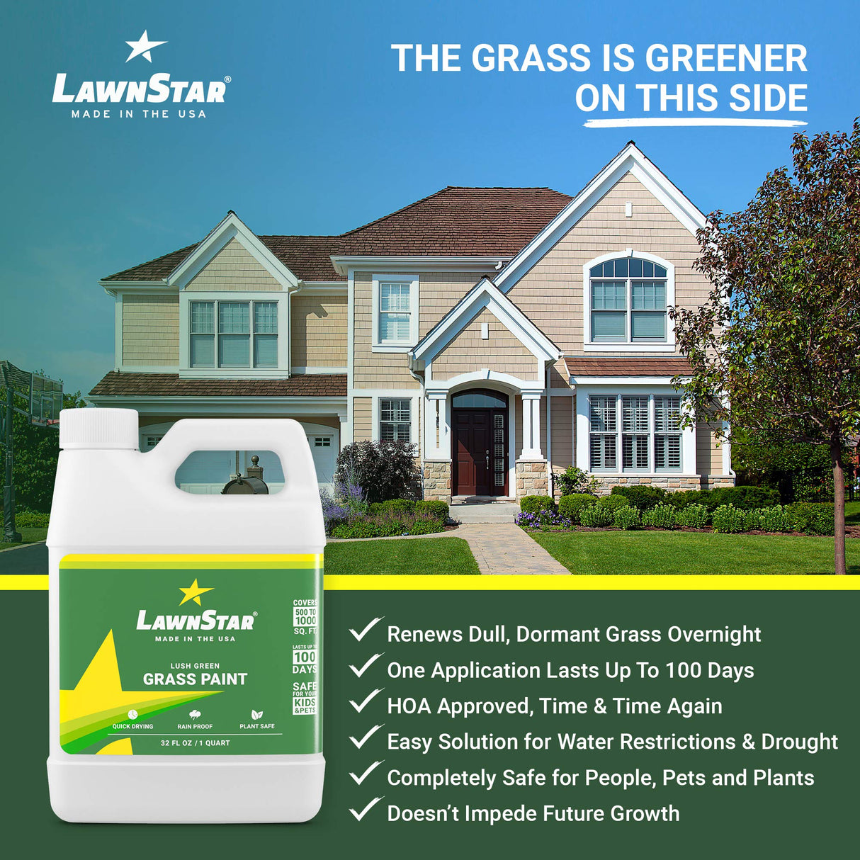 Grass Paint Concentrate (500-1,000 sq ft) - for Dormant, Patchy or Faded Lawn - Lush Green Turf Colorant (32 fl oz)