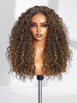 GORGIUS Curly Brown Wig Glueless Highlight Lace Front Wig Pre Plucked Middle Parted Synthetic Wig Upgraded with Premium Human-Hair-Like Fiber 20 Inch