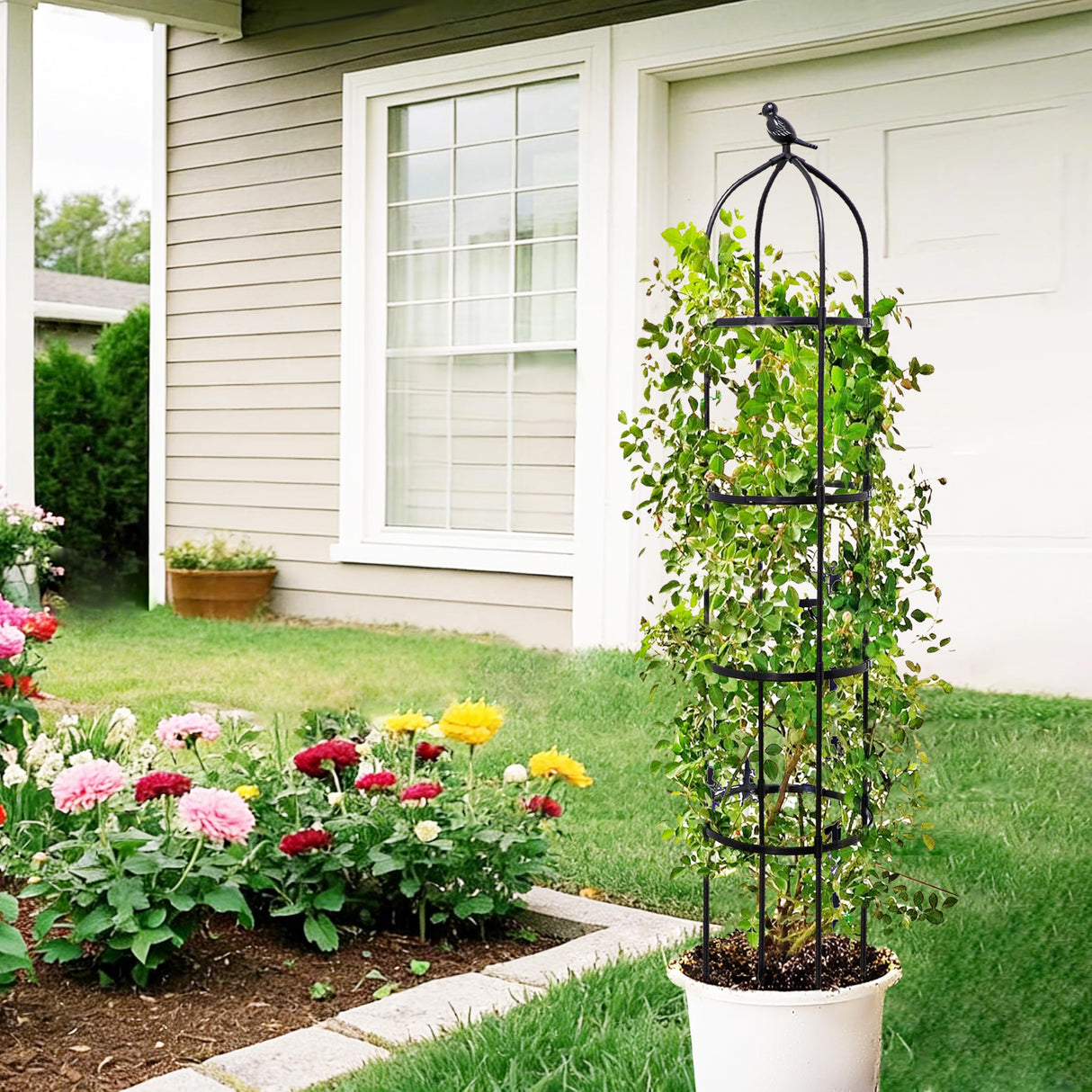 6FT Garden Obelisk Trellis for Climbing Plants,Adjustable 4-Tier Metal Plant Support,Rustproof Outdoor Plant Tower with 3 Decorative Tops for Roses,Tomatoes,Clematis & Vines,Black
