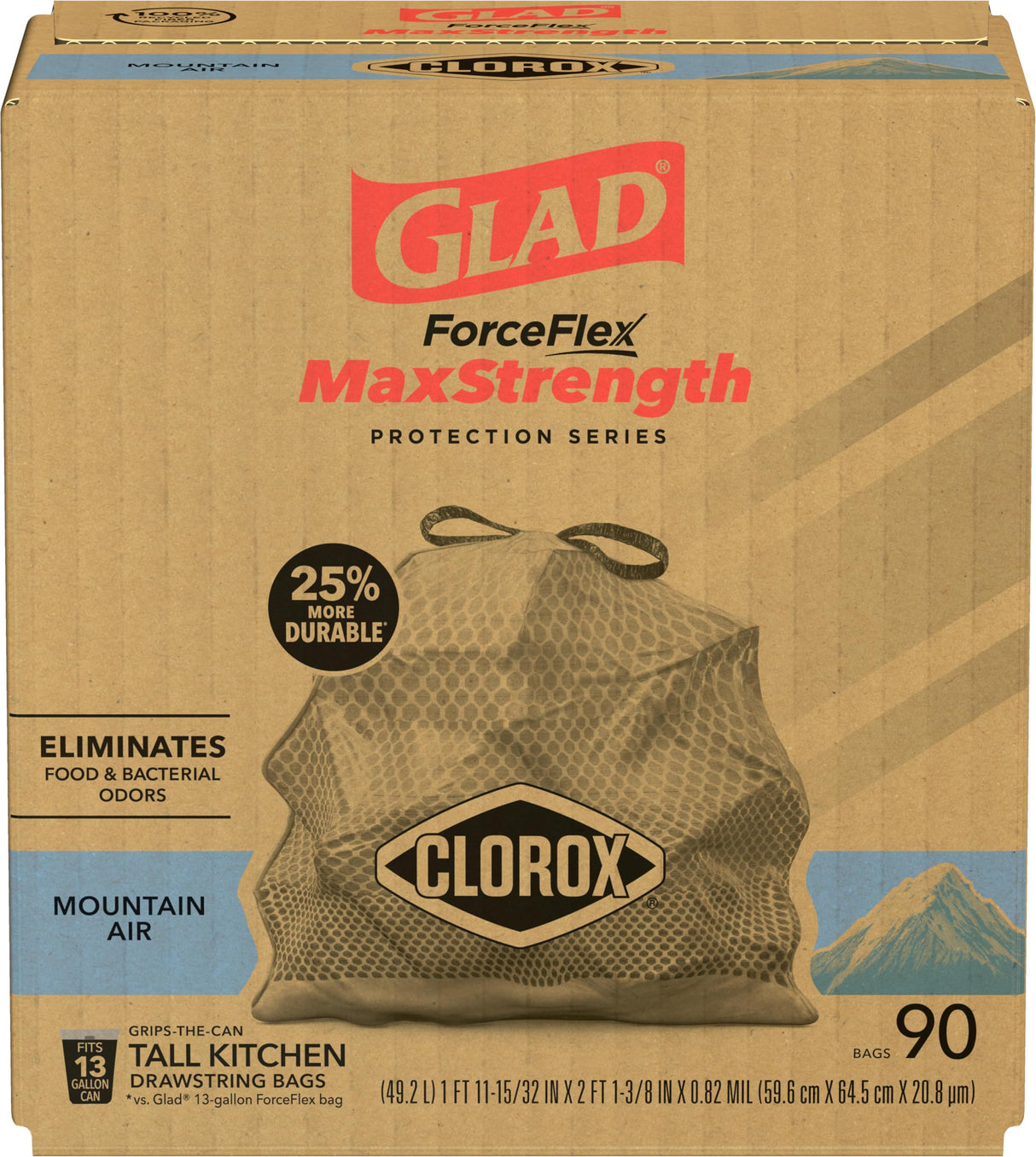 Glad ForceFlex MaxStrength with Clorox Trash Bags, 13 Gal, Mountain Air, 90 Ct, Pack May Vary
