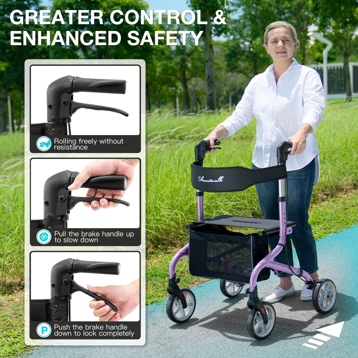 PLANET WALK Super Lightweight Rollator Walker for Seniors, Foldable Rolling Walker with Seat and 8" Rubber Wheels for All Terrain, Unique Design Aluminium Frame Sturdy Walkers for Traveling - Purple