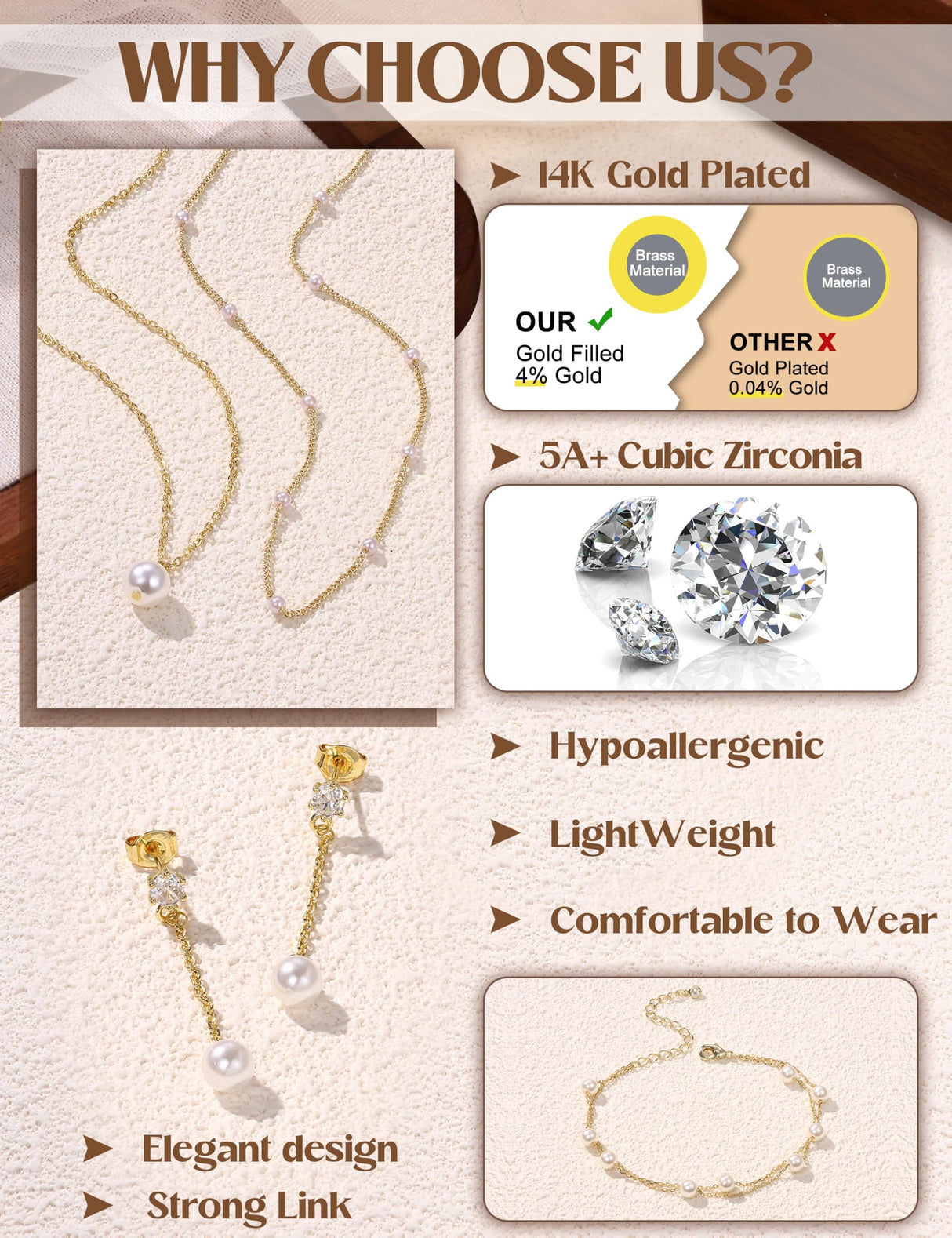 JeryWe Gold Jewelry Set for Women Dainty 14K Gold Plated Layered Pearl Choker Necklace and Drop Earrings Set Adjustable Bracelets Pearl Choker Necklace Wedding Jewelry Sets for Brides