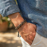 Hius Leather Bracelet for Men, Brown Adjustable Braided Leather Bracelet Wristband, Men's Leather Jewelry