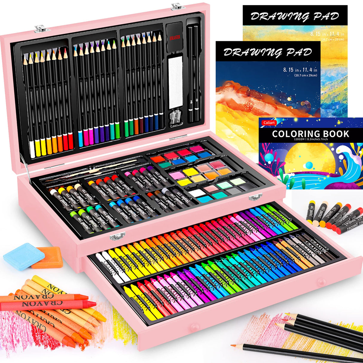 Caliart Art Supplies, 153-Pack Deluxe Art Set in Wooden Case, Crafts Drawing Painting Kits with 2 A4 Sketch Pads, Coloring Book, Stocking Stuffers Christmas Gifts for Teens Girls Kids Artists