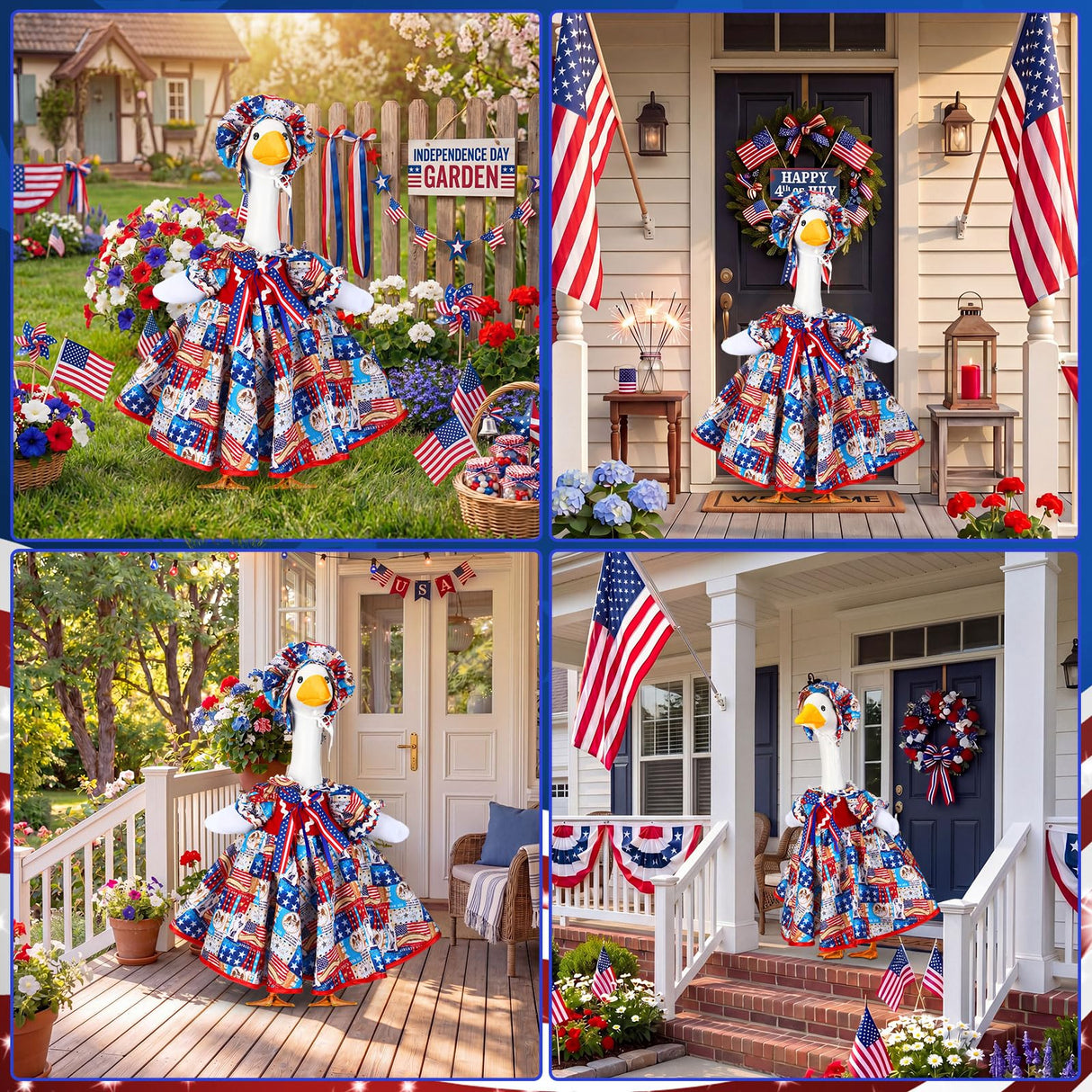 Abbylike 4th of July Porch Goose Outfit Patriotic American Flag Red Blue White Lawn Goose Clothes Fits 23 Inch Cement Statue Geese Costume for 250th Independence Day Outdoor Garden Yard Patio Decor