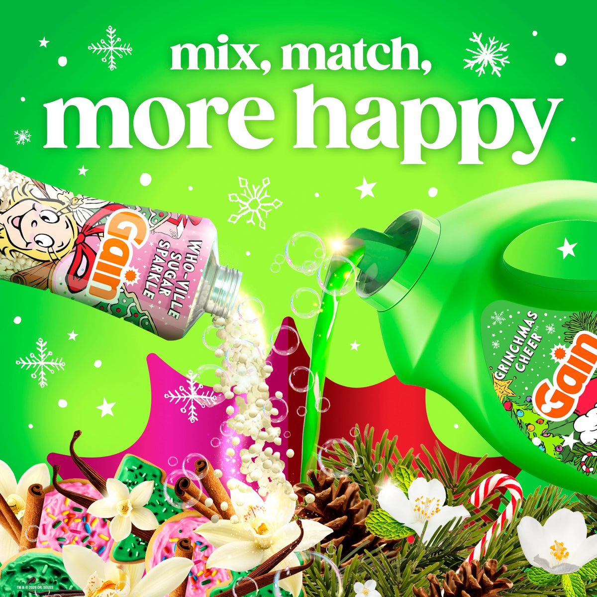 Gain Flings Liquid Laundry Detergent Pods, Odor Defense + Color Guard, Grinchmas Cheer Scent, 4-In-1 Liquid Laundry Detergent Pacs, Clean & Fresh, 60 Count