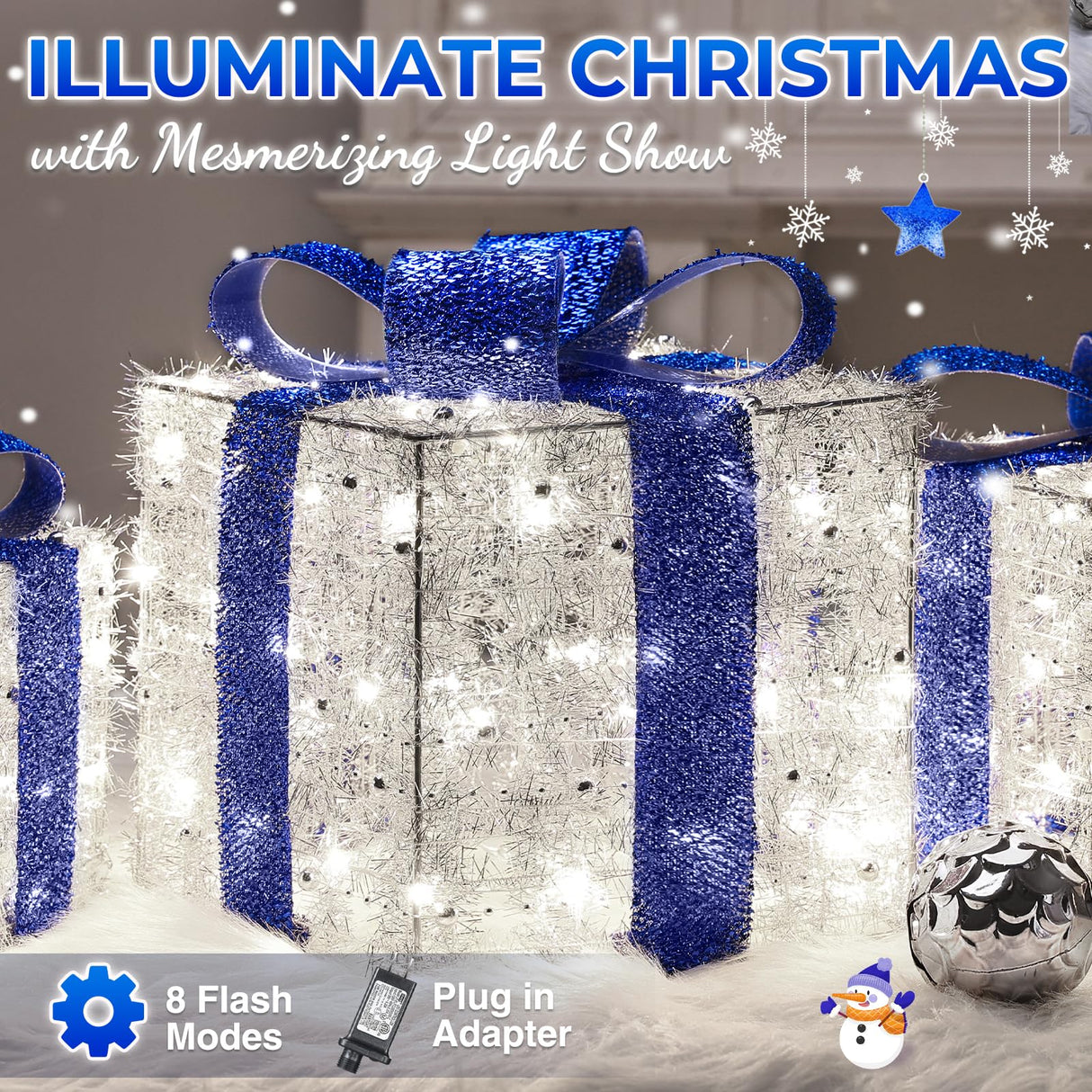 Blue Christmas Decorations, Christmas Lighted Gift Boxes 140 LEDs Light Up Presents Christmas Decor, 8 Modes & Timer Function Plug-in Set of 3 Lighted Christmas Boxes for Xmas Holiday Indoor Outdoor
