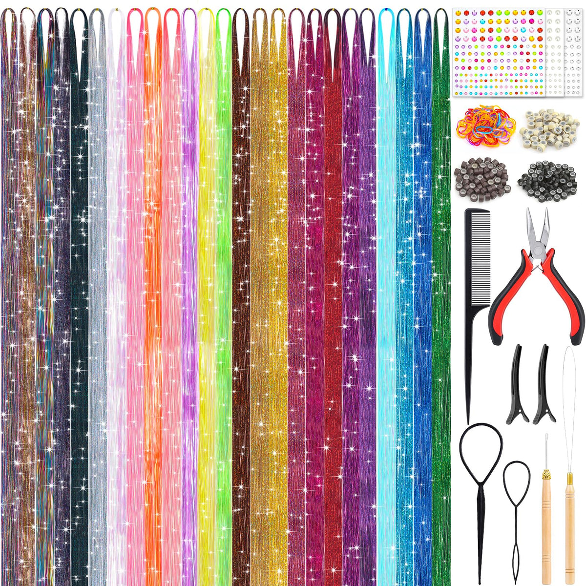 25Colors Fairy Hair Tinsels Kit 5000 Hair Glitter Strands 48Inch Heat Resistant Tinsel Hairs Extension Sparkling Shiny Highlights Hairs Tinsel with Tools for Christmas Halloween New Year Cosplay Party