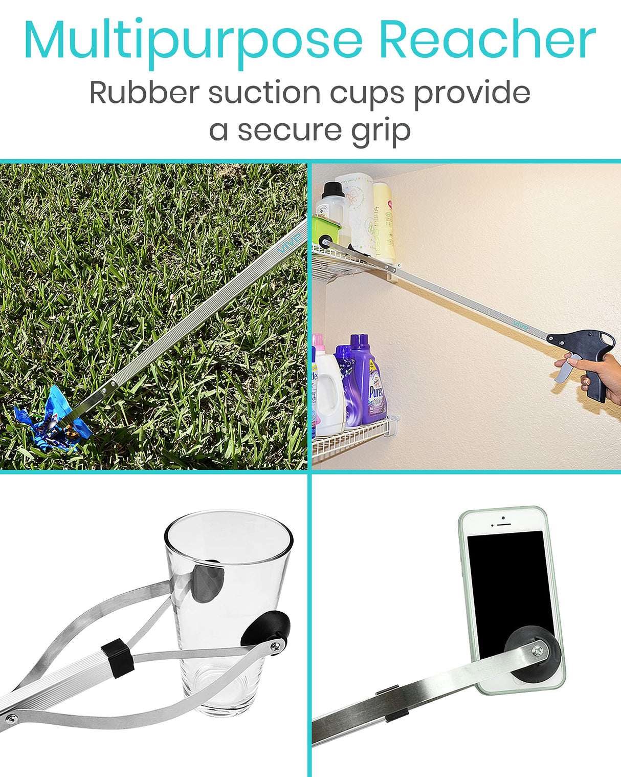 Vive Suction Cup Grabber Reacher 32" - Elderly Grab It Reaching Pickup Tool Heavy Duty for Seniors - Trash, Sticks, Litter Picker Upper - Extra Long Reach Handle & Handy Extension Arm Claw