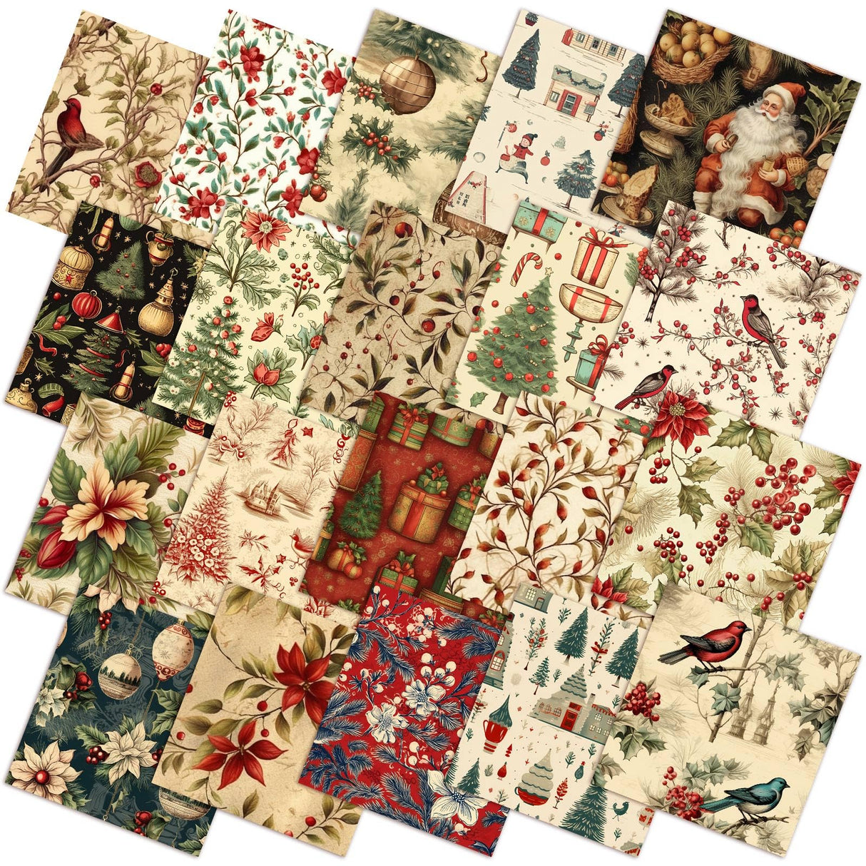 FuWeave 60 Pcs 10 x 10 Inch Vintage Christmas Quilting Fabric Rustic Christmas Fat Squares Patchwork Precut Strips Santa Claus Red Cardinal Fabric Bundles for Xmas Quilting Crafting DIY Craft Sewing