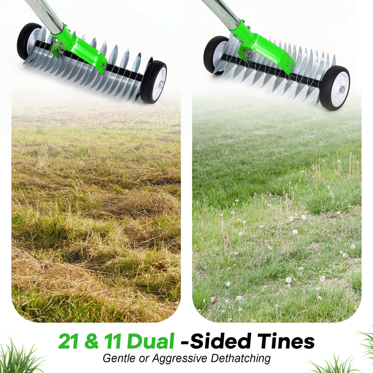 Thatch Rake, Adjustable Garden Rake Head and 38"–65" Handle with Wheels, 21 & 11 Dual-Sided Steel Tines, Heavy-Duty Lawn Dethatching Rake for Grass, Soil Loosening，Landscape and Lawn Care（Green）