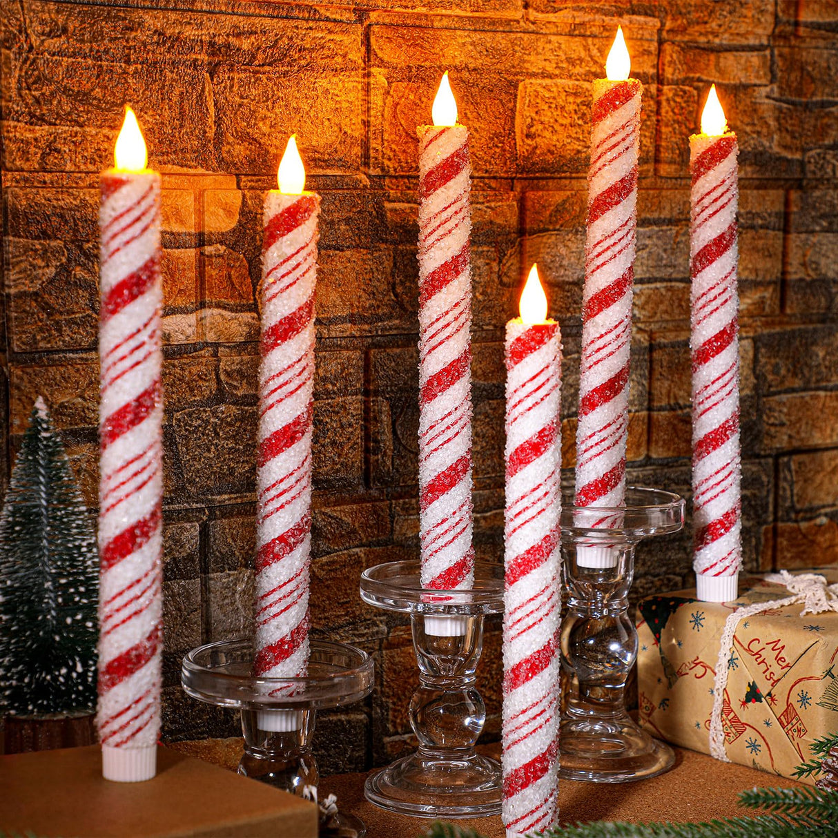 Baquler 6 Pcs Christmas Flameless Taper Candles 10.6 Inch Sea Salt Candy Cane Candles Battery Operated LED Christmas Candlesticks for Xmas Centerpiece Holiday Party Decor