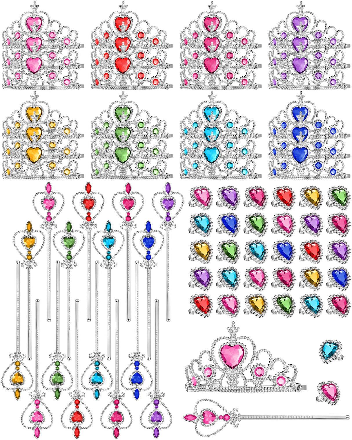 96 Pcs Princess Pretend Party Costume Dress up Play Set Includes 24 Crown Tiaras, 24 Star Wands, 48 Pcs Little Girl Jewel Rings, Princess Girls Party Favors Costume Play Set for Little Girls (Cute)