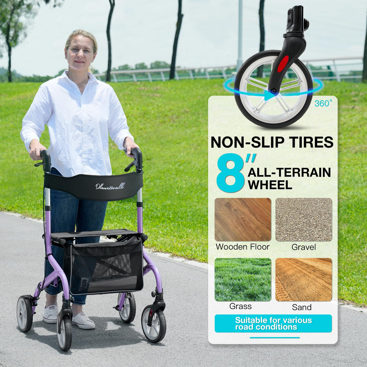 PLANET WALK Super Lightweight Rollator Walker for Seniors, Foldable Rolling Walker with Seat and 8" Rubber Wheels for All Terrain, Unique Design Aluminium Frame Sturdy Walkers for Traveling - Purple