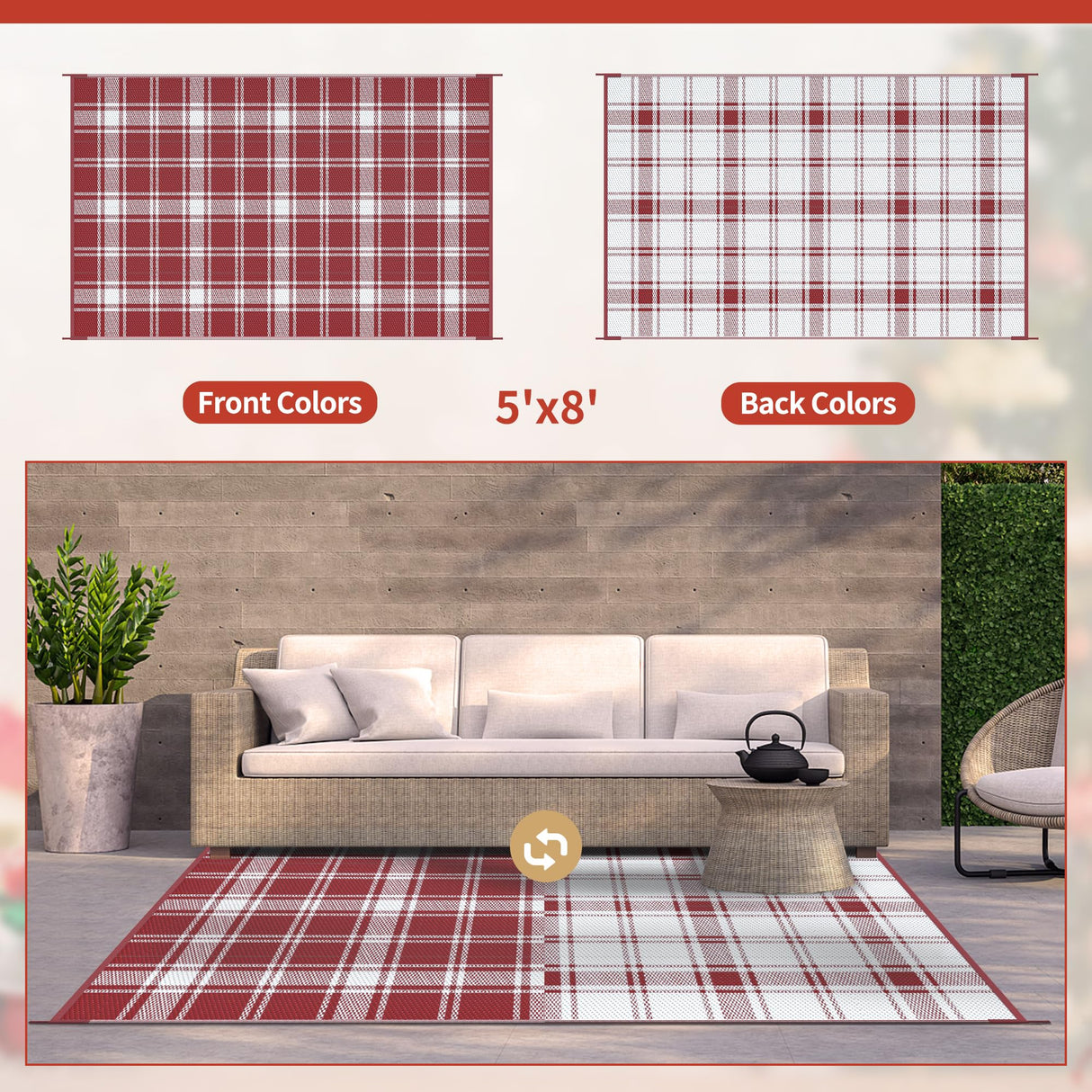 GENIMO Christmas Outdoor Rug for Patio, 5'x8' Waterproof Reversible Plastic Straw Rugs, Lightweight RV Camping Mat for Camper, Balcony, Deck, Backyard, Picnic, Red & White