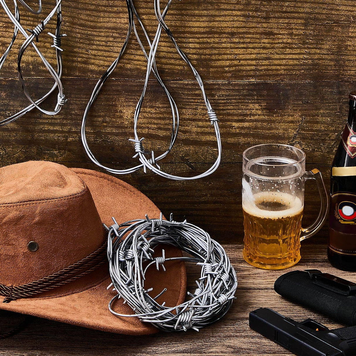 Taiyin 4 Pcs 32.8 Foot Fake Rusted Barbed Wire Decoration Halloween Plastic Faux Barb Wire Prop Western Decor for Cowboy Christmas Party (Silver)