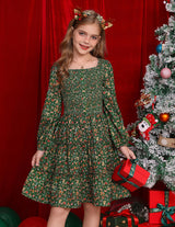 Girls Green Dress Fall Long Sleeve Floral Square Neck Button Smock Front Ruffle Tiered Christmas Dresses Fashion Outfit