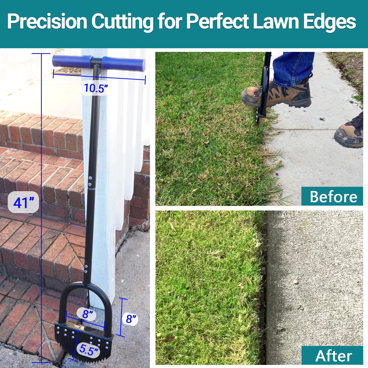 CKLT Edger Lawn Tool 41in Border Edger with Tempered Spring Steel Blade Long Rubber Handle Wide Footplate Rustproof Manganese Steel Half Moon Edger for Garden Maintenance