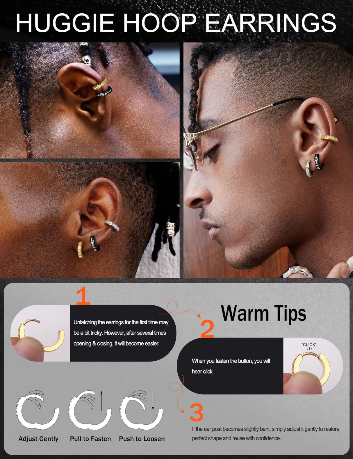 316L Stainless Steel Hoop Earrings for Men Women Hypoallergenic Cubic Zirconia Silver/Black/Gold Hoop Huggie Cartilage Earrings for Women Men Hoops 13mm Outer diameter
