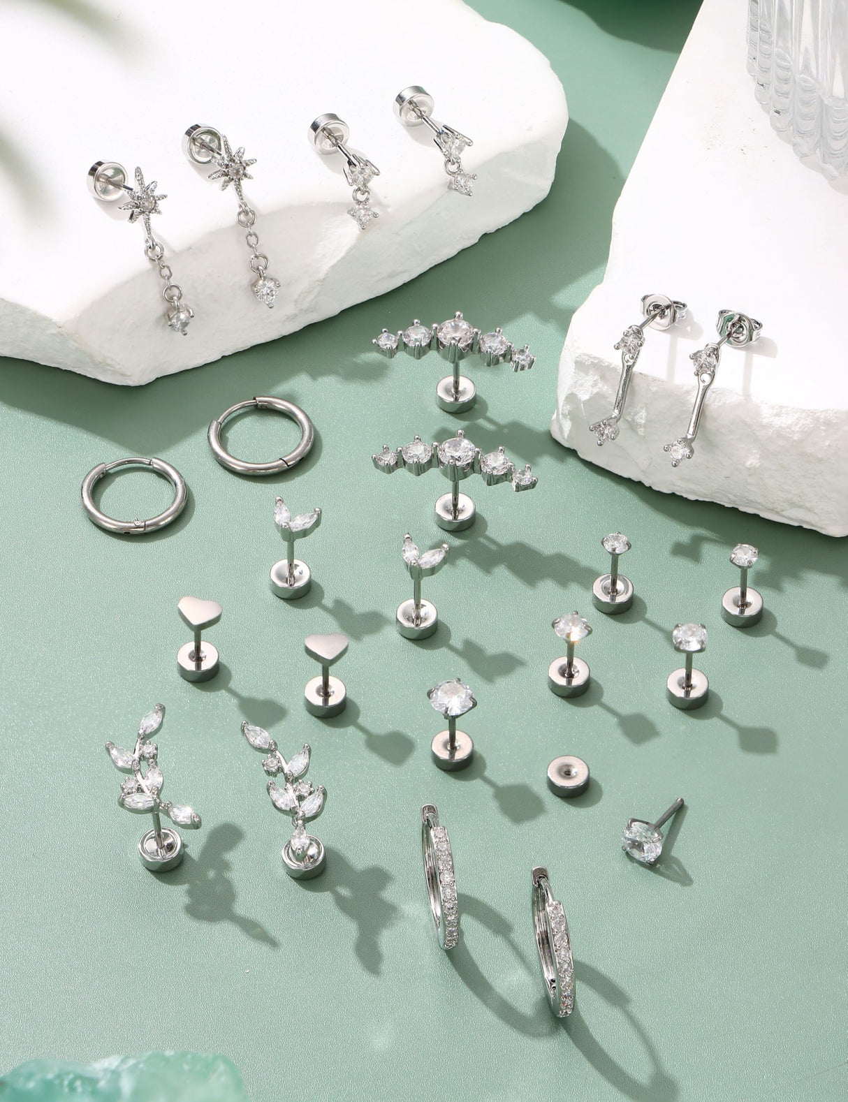 LOLIAS Hypoallergenic Flat Back Earrings Cartilage Earring Stacks - Surgical Steel Earrings for Sensitive Ears - Small Stainless Steel Flatback Stud Hoop Earring Sets for Helix Tragus Conch Daith Multiple Piercing Jewelry Trendy Silver