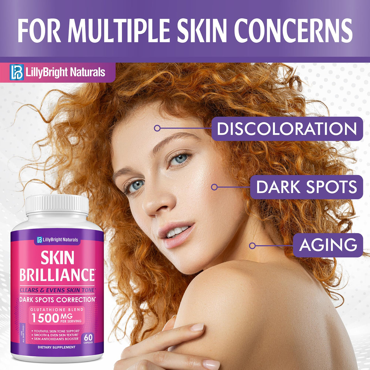 LB LILLYBRIGHT NATURALS Glutathione Capsules - 1,500mcg L-Glutathione Supplement with Vitamin C - Skin Tone Enhancer - Targets Dark Spots & Acne Marks - Potent Antioxidant - 60 Skin Pills