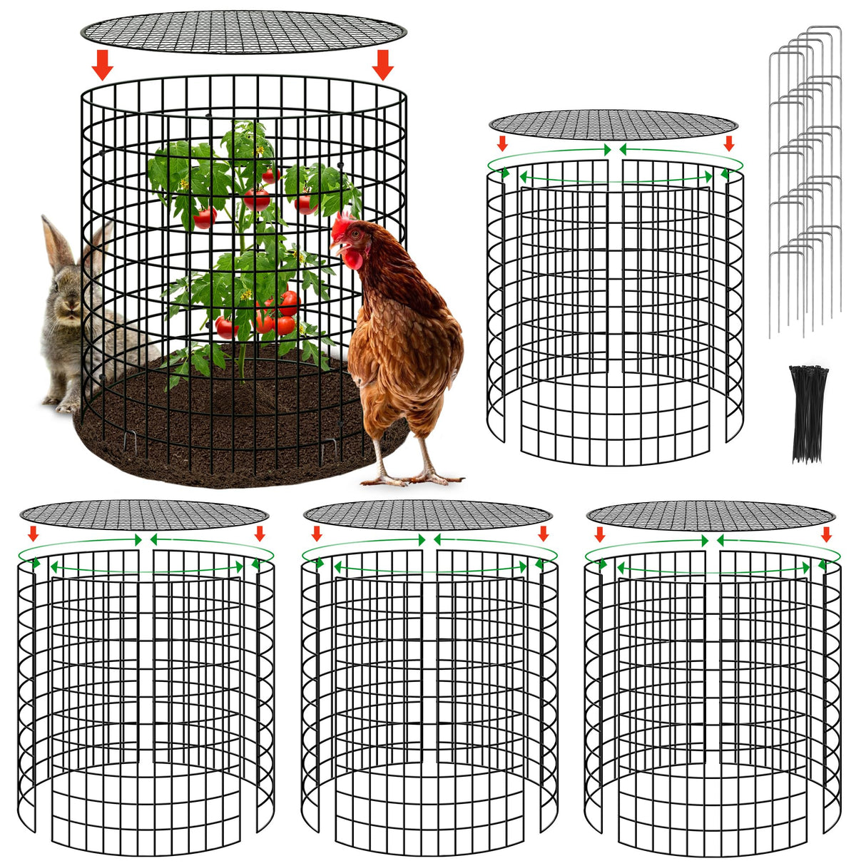 Hi Sasara 5 Sets Wire Plant Protectors Cage with Staples,11.8" Dia x 11.8" H,Plant Protector with Round Lids to Keep Animals Out,Wire Plant Protector Cage for Plants Vegetables Flower