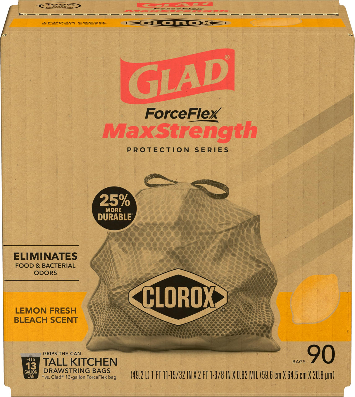 Glad ForceFlex MaxStrength with Clorox Trash Bags, 13 Gal, Lemon Fresh Bleach, 90 Ct, Pack May Vary