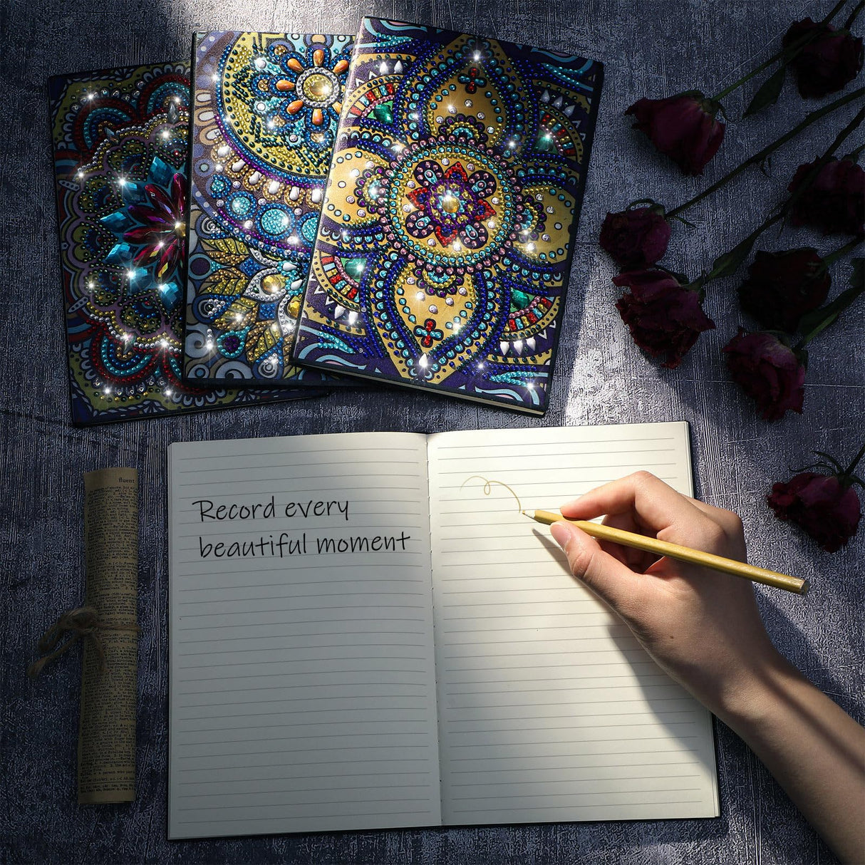 Ctosree 4 Pcs Diamond Art Notebook Kits for Adults 8.3'' x 5.7'' 5d Leather Painting Journals DIY Mandala Flower Gem Dots Sketchbook Craft for Men Women Birthday Gift Christmas with Tools