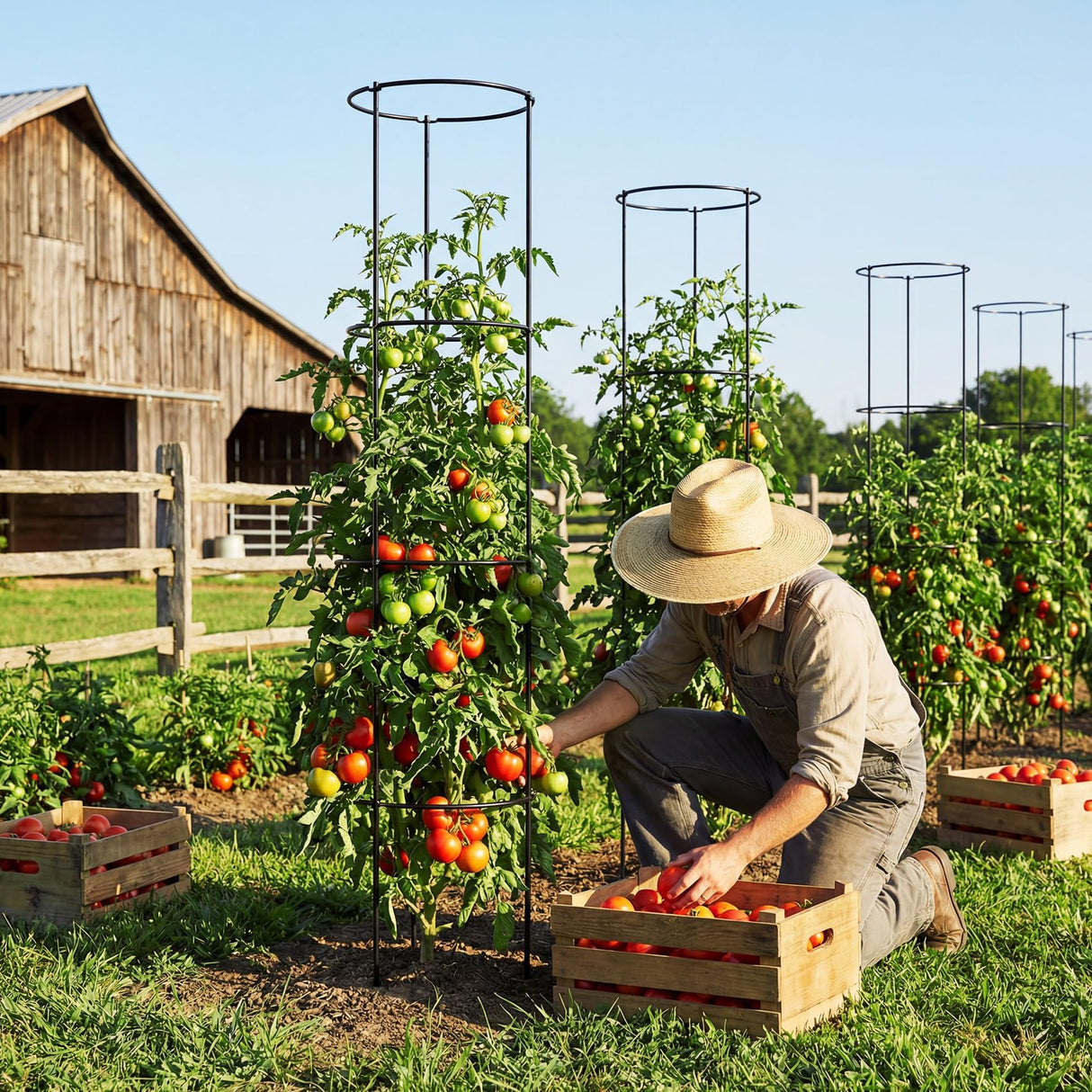 60 Inch Round Tomato Cages for Garden - 2 Pack Heavy Duty Metal Tomato Trellis Plant Support, Adjustable Height & Stackable, Easy Assembly for Outdoor Climbing Plants