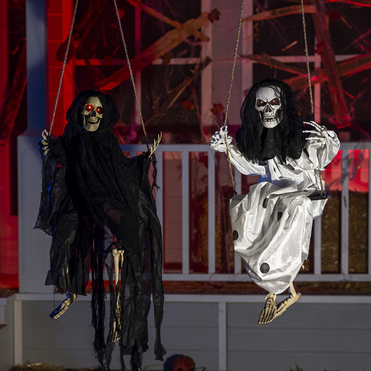 JOYIN 2 Pcs Halloween Hanging Swinging Ghosts Decorations Outdoor, Halloween Scary Decor with Lighted Up Eyes, Creepy Swinging Skeleton Flying Props for Yard Patio Lawn Garden
