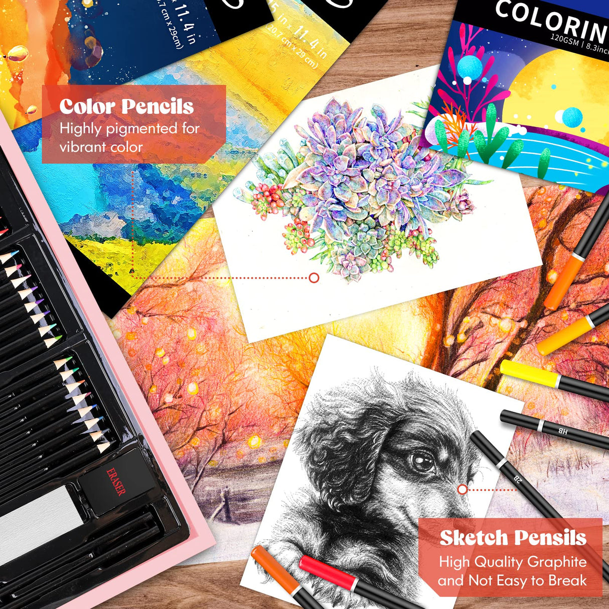 Caliart Art Supplies, 153-Pack Deluxe Art Set in Wooden Case, Crafts Drawing Painting Kits with 2 A4 Sketch Pads, Coloring Book, Stocking Stuffers Christmas Gifts for Teens Girls Kids Artists